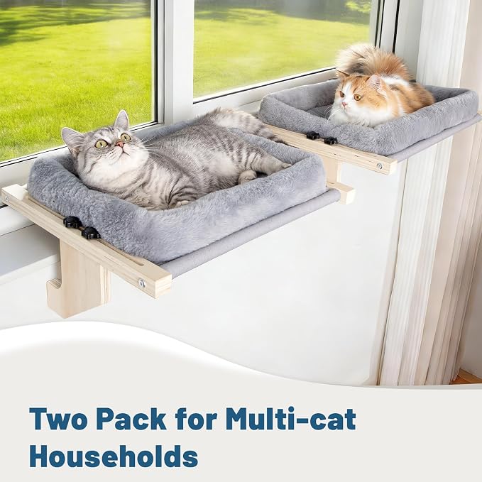 Cat Sill Window Perch - 100% Natural Pine Frame, Soft Plush Fleece, Tool-Free Adjustment, Supports 40 lbs (Medium-Grey)