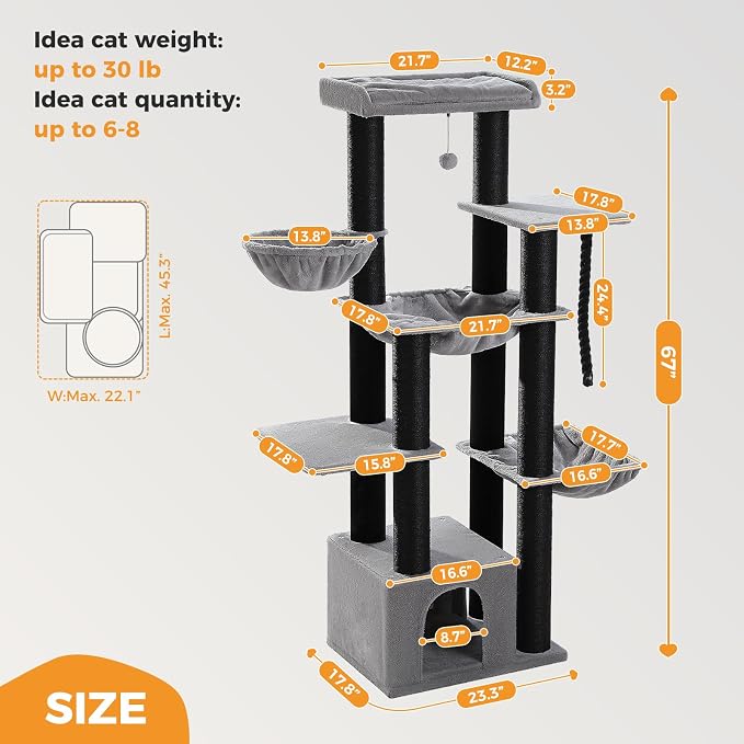 MUTTROS Large Cat Tree-67 Maine Coon Cat Tower for Indoor Cats Large Adult with 7 Thick Black Scratching Posts (φ4.3), Multi-Level Condo, Big Perch & Hammocks -Black