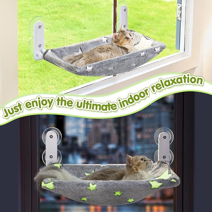 Zoratoo Glow in the Dark Cat Window Perch, Foldable Cordless Pet Hammock, L | Glowing Stars Fabric, Sturdy Metal Frame, Removable for Machine Wash, Comfortable Sunken Design Resting Seat for Indoor Cats