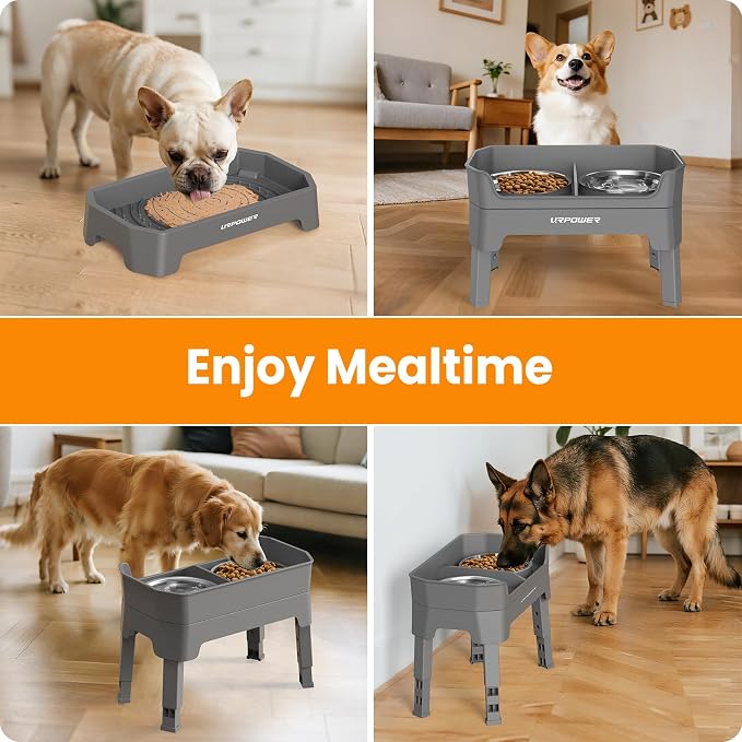 URPOWER Elevated Dog Bowls, 3-in-1 Double Deck Raised Dog Bowl Stand | 4 Height Adjustable Raised Stand with 2 Stainless Steel Food Bowls & Licking Plate for Small, Medium & Large Dogs