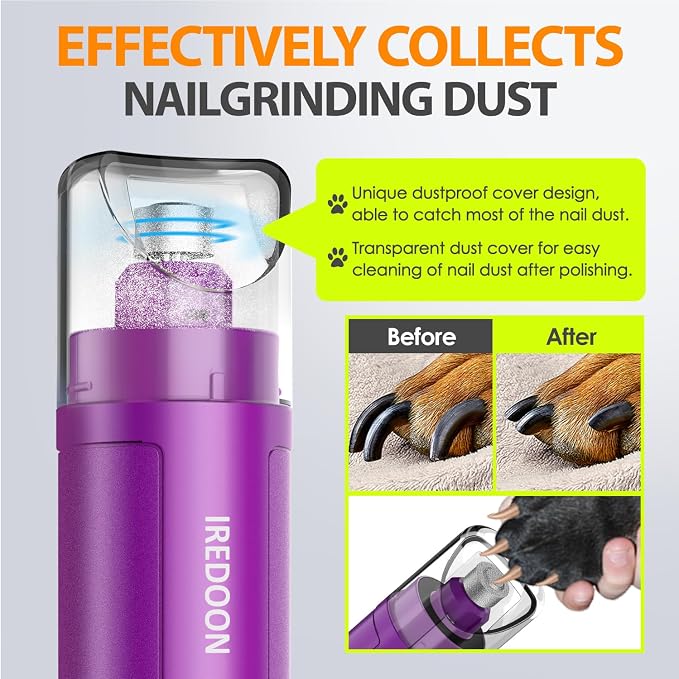 Dog Nail Grinder with 4 LED Lights, 3 Speeds Super Quiet for Pets | Low Vibration,Electric Pet Nail Grinder, Professional Painless Paw Grooming & Smoothing for Small to Large Dogs Cats(Purple)