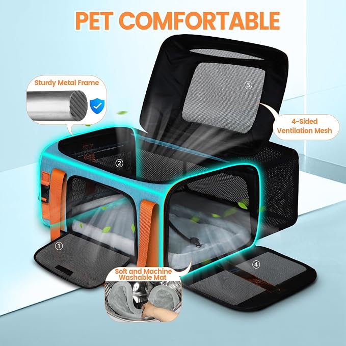 Petskd Top and Side Expandable Pet Carrier Airline Approved, Blue | 19"L x 13"W x 9"H, for Southwest Allegiant Airlines, Lockable Safety Zippers and Anti-Scratch Mesh, Pets Under 12 lbs