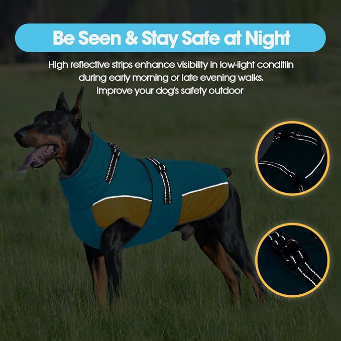 QBLEEV Warm Dog Jacket - Reflective, Adjustable Winter Coat with Turtleneck for Cold Weather, Waterproof Fleece Snowsuit for Small, Medium, Large Dogs