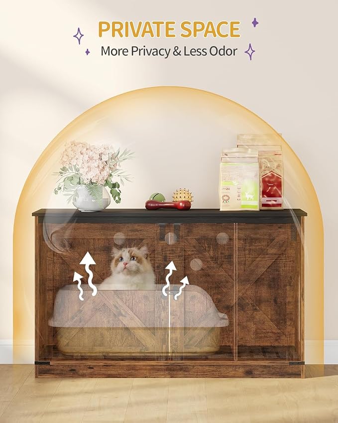 Hzuaneri Cat Litter Box Enclosure, Hidden Litter Box Furniture with Divider | Wooden Cat Cabinet with Removable Dividers, Reversible Entrance Left or Right Side, Cat Washroom, Rustic Brown Black CB84701X