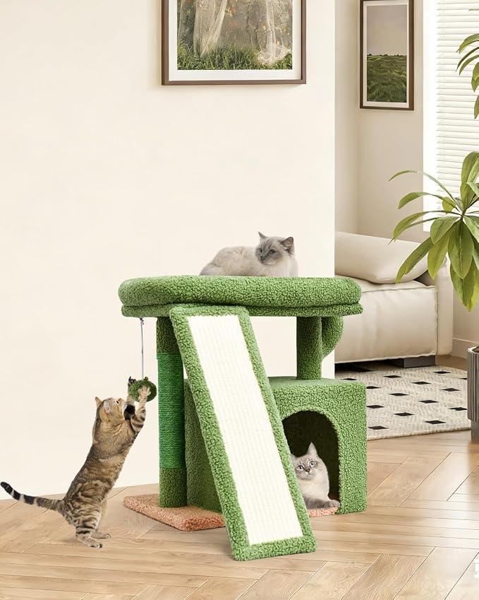 Small Cactus Cat Tree for Indoor Cats, Green Cat Tower with Scratching Post & Board, Unique Cactus Cat House with Perch for Kittens, Stable Condo and Stand (Green)