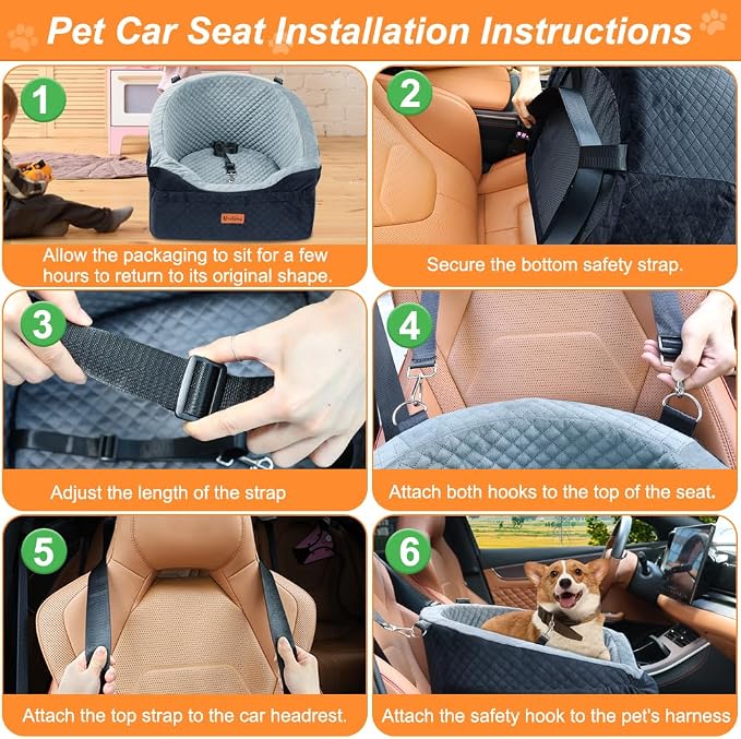 Vivifying Dog Car Seat for Small & Medium Dogs, Detachable & Washable Booster Seat for Pets Up to 25lbs, Travel Bed with Storage Pockets and Safety Belt – Gray&Black