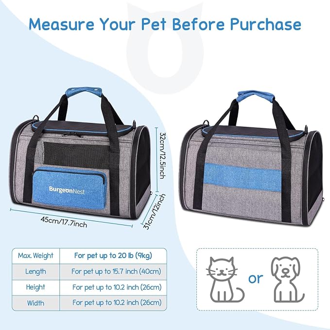BurgeonNest Cat Carrier, Soft Sided Top Loading Carrier, Medium Gray | Soft sided gray carrier with mesh windows, storage pocket and practical features for daily cat travel