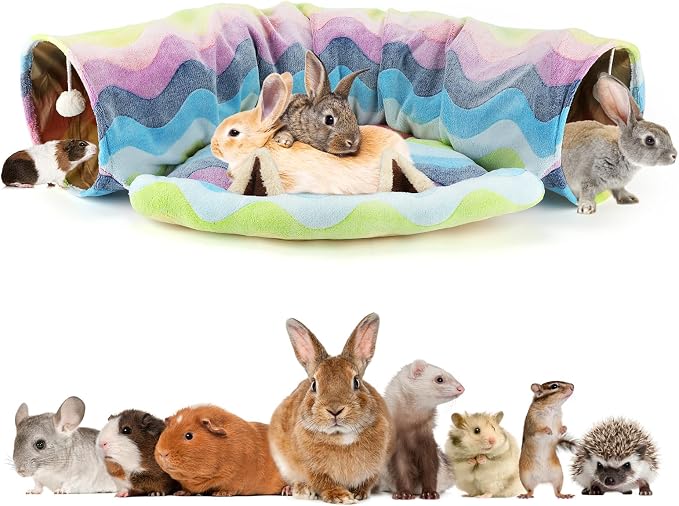 BWOGUE Bunny Tunnel Bed, 2-in-1 Collapsible Rabbit Tunnel Hideout with Mat | Removable Mat for Washing, Ball Toy for Play, Tunnel Tubes for Hiding, Soft Suede Fabric, Cats Rabbits Guinea Pigs