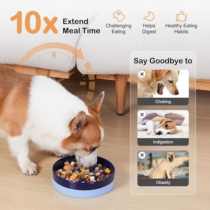 Sted Ceramic Slow Feeder Dog Bowls with Silicone Base | Slow Feeding Dog Bowl Small Medium Breed, Dogs Food Bowls for Fast Eaters, Puzzle Dogs Food Bowl, Maze Blue