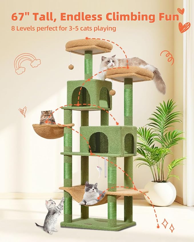 Taoqimiao Cactus Cat Tree, 66.2 in Tall Cat Tower with 2 Plush Cat Condos | 7 Scratching Posts, 2 Top Perches, Cozy Hammock & Basket, Indoor Cats, 2 Pompoms & Mouse Toy, MS013T