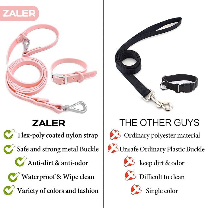 ZALER Dog Collar and Leash Set, Waterproof Adjustable Odor Proof Pet Collars Leashes Easy to Clean, 6FT Dog Leash with 2 Hooks for Large, Medium Small Dogs (M, Pink)