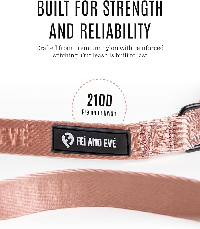 Fei & Eve Classic Dog Leash | Soft-Touch 210D Nylon, Dual Padded Handles, Traffic Handle, Tangle-Free, Heavy Duty, Blush, 4FT