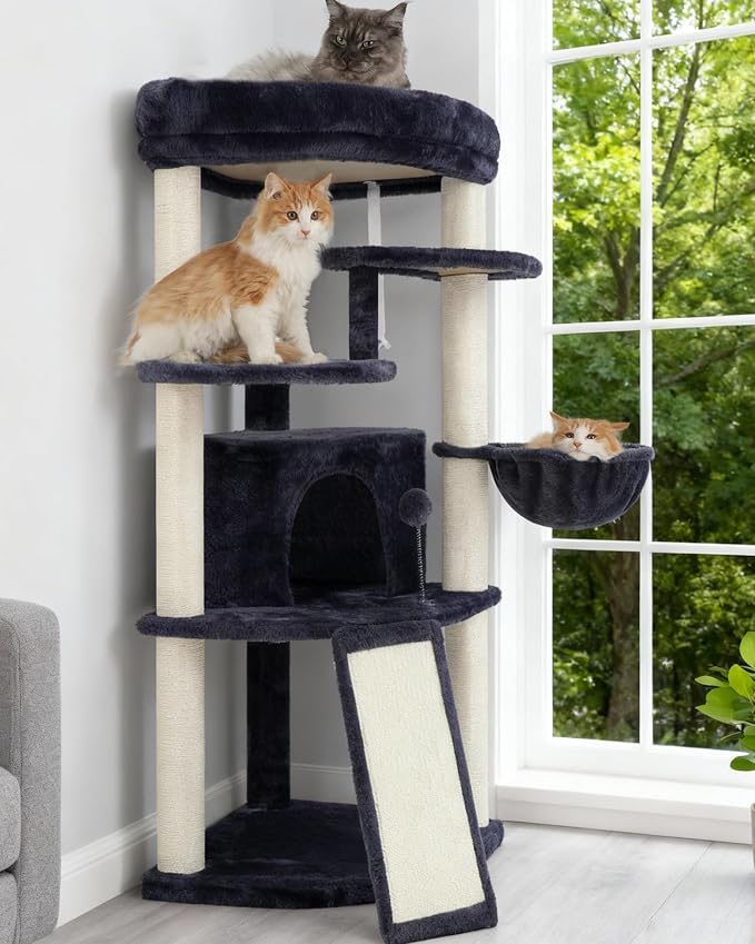 Gitelsnour Corner Cat Tree Tower with All Sisal Scratching Posts GCT025G | 44.1" Cat Furniture with Multi-level Cat Condo, Cat Cave, Hanging Basket, Sisal Scratching Ramp for Indoor Cats, Drak Gray