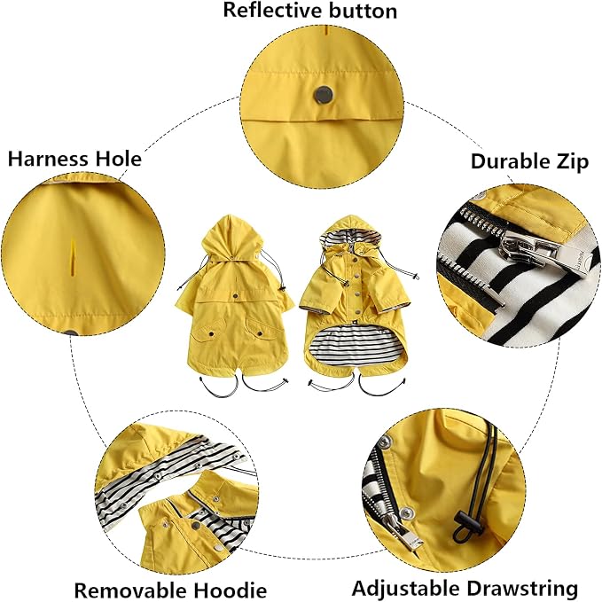 Morezi Dog Zip Up Raincoat with Reflective Buttons, Rain/Water Resistant, Adjustable Drawstring, Removable Hood, Raincoats with Legs 8lbs to 80lbs Available - Yellow - S