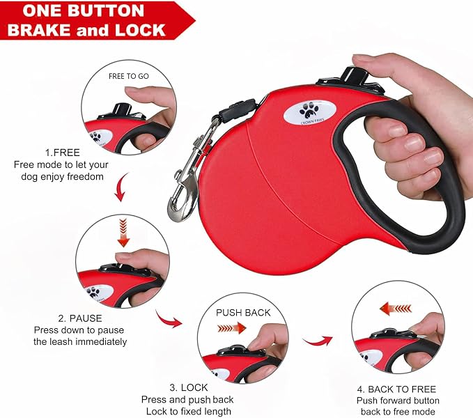 16 ft Retractable Dog Leash for Large Dogs up to 110 lbs,Tangle-Free Nylon Tape,Red L