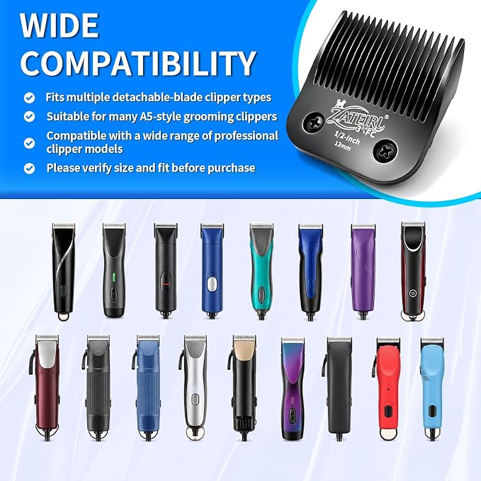 Size 3-3/4FC Detachable Pet Grooming Clipper Blade with Steel Cutter, 1/2 Inch (13 mm) Cut Length, Black, Compatible with Andis, Oster A5, Wahl KM10, 1 Pack