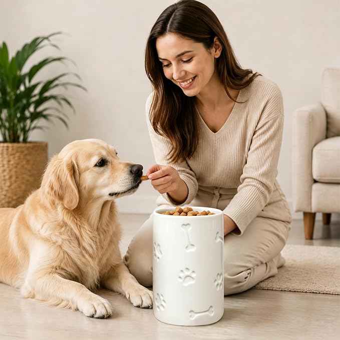 Dog Treat Container Airtight - 9"x5" Ceramic Big Treats Jar with Lid(White) | Large Capacity Doggie Cookie Jar for Countertop, Airtight Lid Keep Food Fresh, Sturdy Durable, Cute Prints and Bone Handle