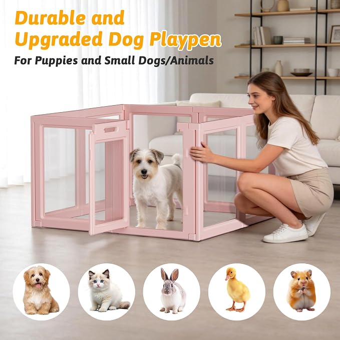 Acrylic Dog Playpen Indoor, LoveTail Puppy Playpen, Pink Dog Play Pen Indoors for Small Dog, Easy Assembly, Easy Cleansing Puppy Fence Kennel Whelping Cage(Skin Pink, 23.6" H, 8PCS)
