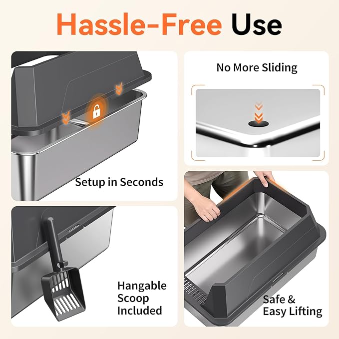 Stainless Steel Litter Box with High Sides, XL | High Sided Cat Litter Pan, Open Top Extra Large Metal Cat Litter Box, Non-Stick, Odor Free, Leakproof, Scoop Included, Gray