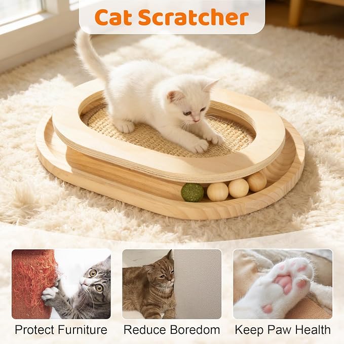 Cat Scratcher, Sisal Scratch Pad with Interactive Ball Track | No Assembly, Natural Sisal, Solid Base, Track with 3 Wooden Balls + 1 Catnip Ball, No Slip Pads, for Cat Exercise Sleep Chase