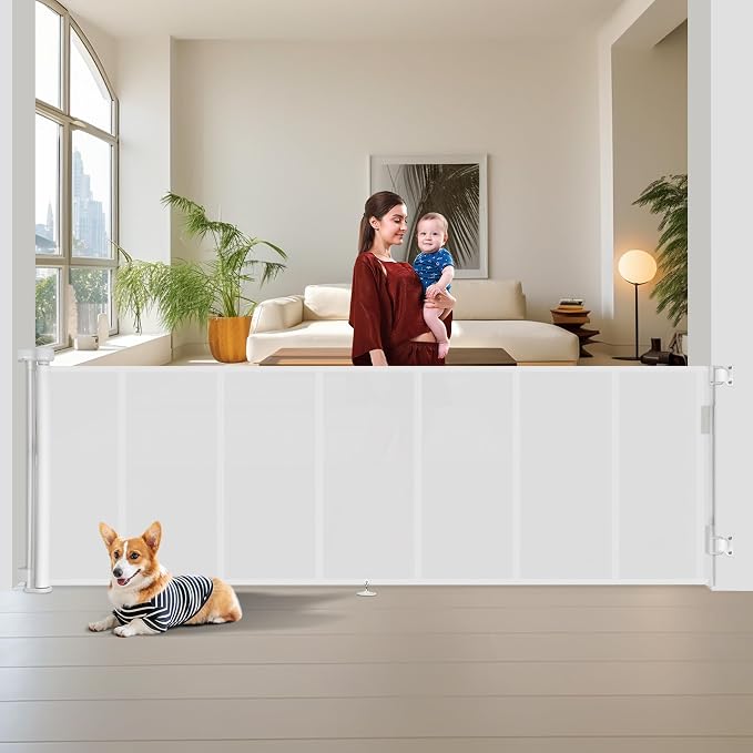 Miumoon 150 inch Reinforced Retractable Baby Gates 42 inch Tall | Retractable Dog Gate with No Crawl Through Reinforced Strip, 12 FT Extra Wide Retractable Gate for Indoor/Outdoor