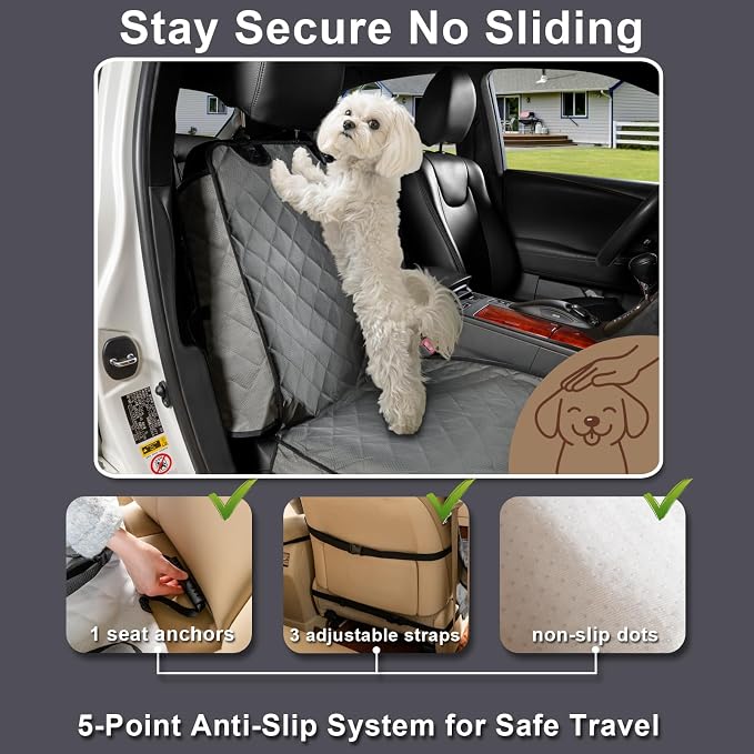Dog Car Seat Cover Front Seat - Waterproof and Non-Slip, Heavy-Duty Pet Seat Protector with Side Flaps, Full Protection for Front Bucket Chairs on Cars SUVs Trucks (Grey, Standard Front)