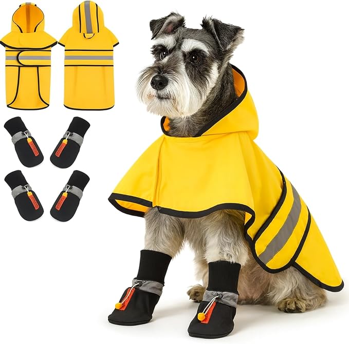 Dog Raincoat and Shoes for Weighing 10-22lbs, Spring Summer Waterproof Dogs Boots & Paw Protectors, Adjustable Pet Poncho with Leash Hole for Large Medium Small Dogs, Yellow(Single Side)