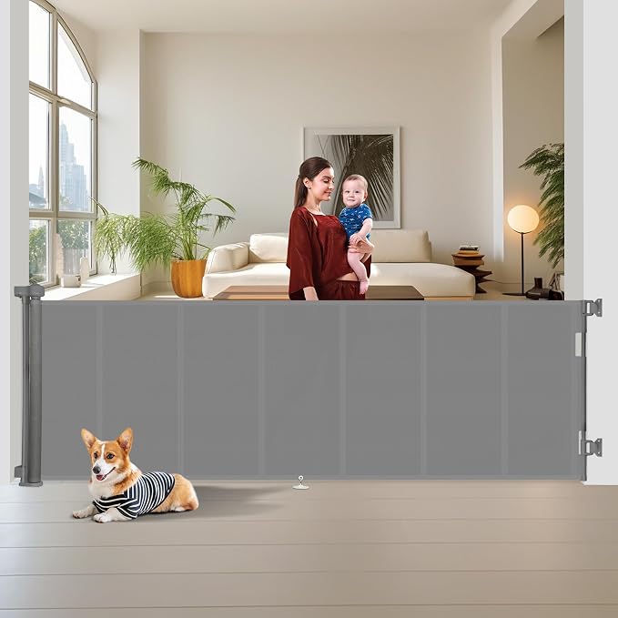 Miumoon 150 inch Reinforced Retractable Baby Gates 42 inch Tall | Retractable Dog Gate with No Crawl Through Reinforced Strip, 12 FT Extra Wide Retractable Gate for Indoor/Outdoor
