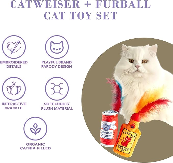 Haute Diggity Kitty Catweiser + Furball Set, Soft Plush Cat Toys | 2 Pack Catnip Toys with Interactive Crackle & Feathers, Safe & Durable Cat Nip Kicker Toy for Outdoor & Indoor Cats & Kitten