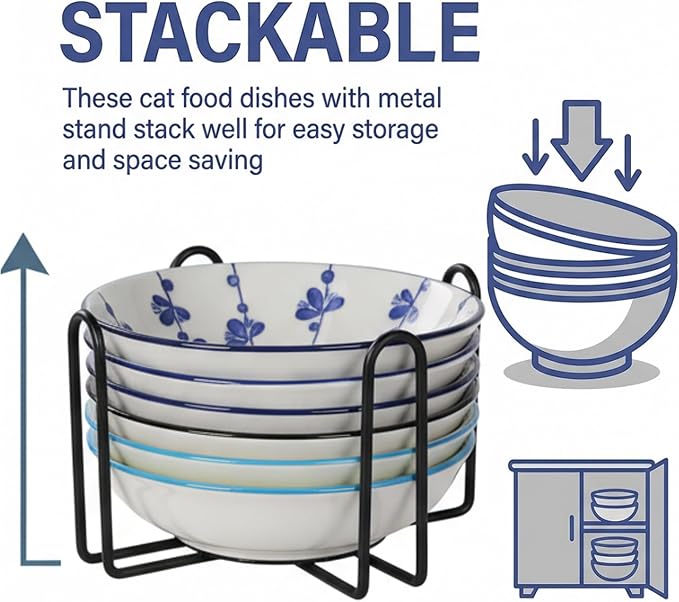 Ceramic Cat Food Bowls with Metal Holder, 6 Pack 5.7-in Elevated Dishes | Food-Safe Ceramic, Shallow Whisker-Friendly Plates For Wet Meals, Kibble, Water, Dishwasher And Microwave Safe