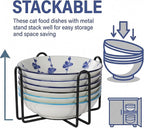 Ceramic Cat Food Bowls with Metal Holder, 6 Pack 5.7-in Elevated Dishes | Food-Safe Ceramic, Shallow Whisker-Friendly Plates For Wet Meals, Kibble, Water, Dishwasher And Microwave Safe