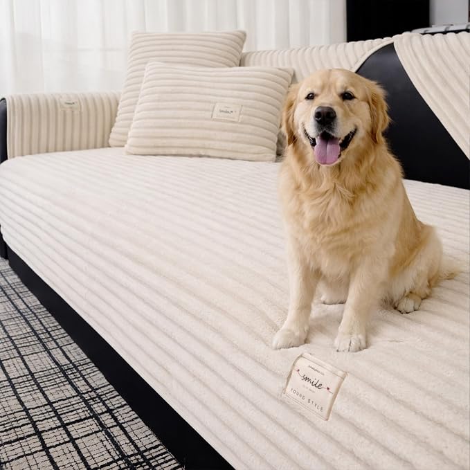 Couch Cover for Dogs, Washable Non Slip Sofa Cover for 3 Cushion Couch, Thick Soft Corduroy Couch Protector, Pet Friendly Furniture Slipcover for Cats Dogs, Sofa Cover for Living Room, Beige