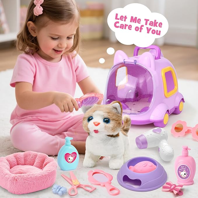 TUZT 17 PCS Cat Toys for Kids Girls, Realistic Walking Meowing Robot Cat Plush with Accessories, Pretend Play Pet Care Playset Toddler Girl Toy for 3 4 5 6 7 8, Birthday Gift for little Girl 3-8 Years