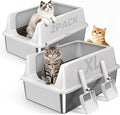 2 Pack XL Stainless Steel Litter Box with High Sides for Large Cat | Extra Large Tall Wall Open Top Deep Metal Pan, Anti-Leak Non-Stick Odor Control, 2 Scoops Included
