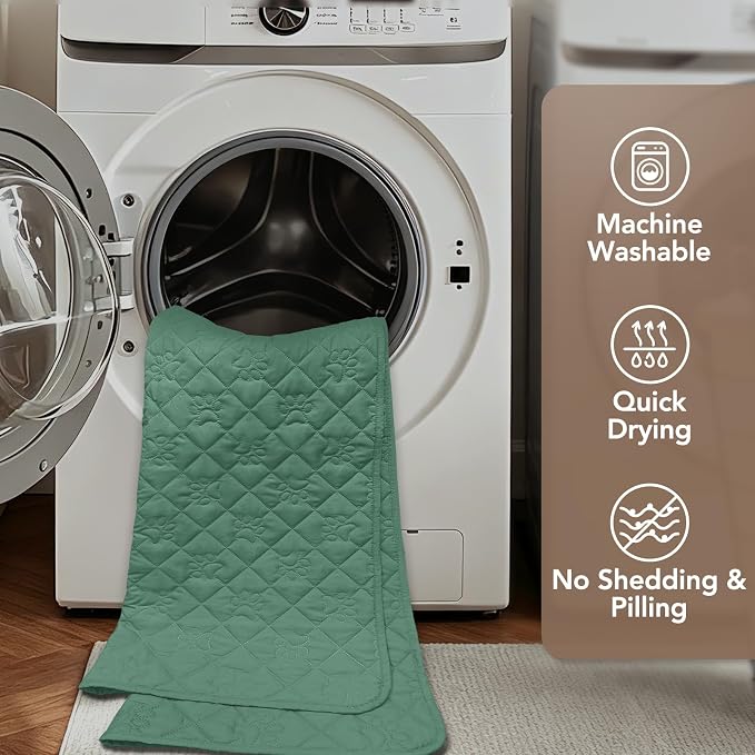 PAWFINITY Waterproof Bed Cover for Dogs, Pet Blanket for Mattress Washable | Paw Print Quilted, Hair Resistant, Anti Cat Scratch, Pee Proof Furniture Protector for Cal King Bed, 82x102 Inch, Green