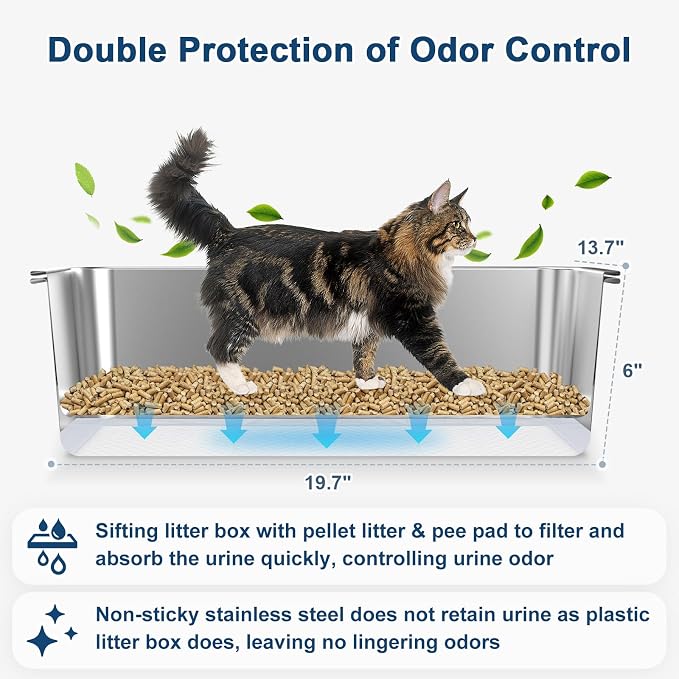 SuzziPaws L Stainless Steel Sifting Litter Box for Pine Pellets Multi-Cats | 19.6" x 13.7" x 6" Open Top Sifting Litter Box with Pee Pads and Liners for Pellet Litter, Easy Cleaning, Odor Control
