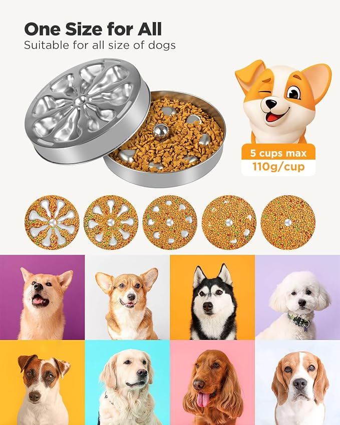 2-Pack Slow Feeder Dog Bowls – Stainless Steel Metal Bowls with Double-Sided Design, 5 Cups Large Capacity for Dry, Wet, Raw Food, Slow Feeding for All Dog Sizes, Easy to Clean, Non-Slip