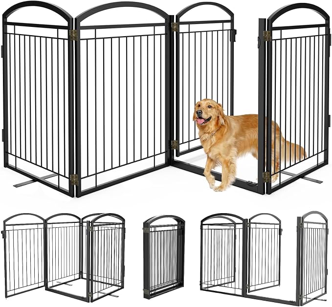 Full Metal Free Standing Dog Gate with Door for Outdoor Indoor,96'' Extra Wide 36'' Tall Dog Gates for Doorways,Large Openings,Decks,Porch,Freestanding Portable Pet Fence(4 Panels,Black)