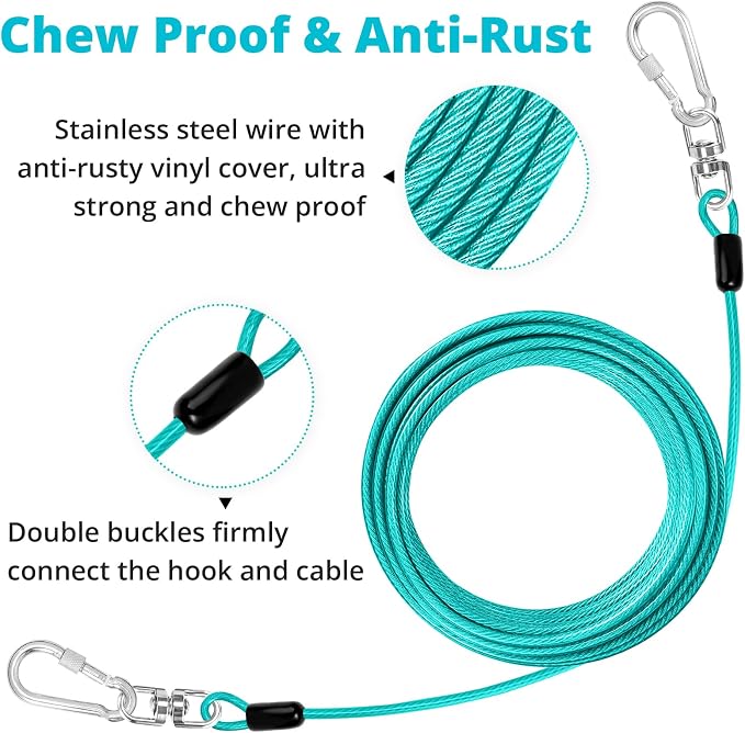 jenico Dog Tie Out Cable: 25ft Dog Lead for Yard - Heavy Duty Chain Leash Outside for Small Large Dogs Up to 500 lbs - Outdoor Dog Runner Tether