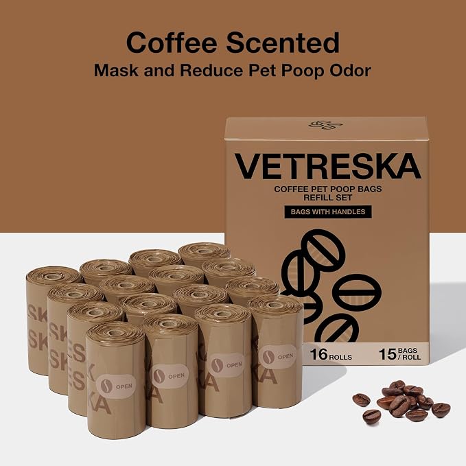 VETRESKA Dog Poop Bags with Handles 240 Count, Coffee Scented Waste Bags | Leak-Proof Thick Dog Bags for Poop, Easy-Tie Large Poop Bags, 16 Refill Rolls for Dog Walking Cat Litter