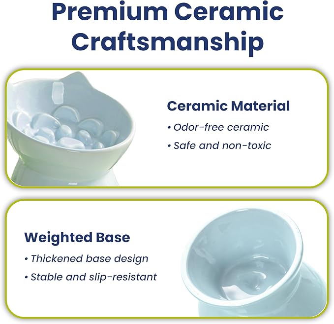 Lynx Ceramic Raised Slow Dog & Cat Elevated Food Bowl, Sky Blue | Tilted 15° Elevated Pet Food Bowl, Whisker-Friendly, Anti-Choking Dish, Dishwasher Safe, Nonslip, Food Grade Material