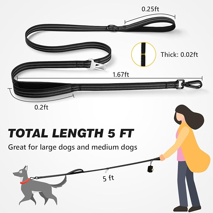 Double Handle Dog Leash with Poop Bag Holder and Car Seat Belt Buckle | Heavy Duty | Double Handle | with Poop Bag Holder | with Car Seat Belt Buckle | Reflective | Lightweight