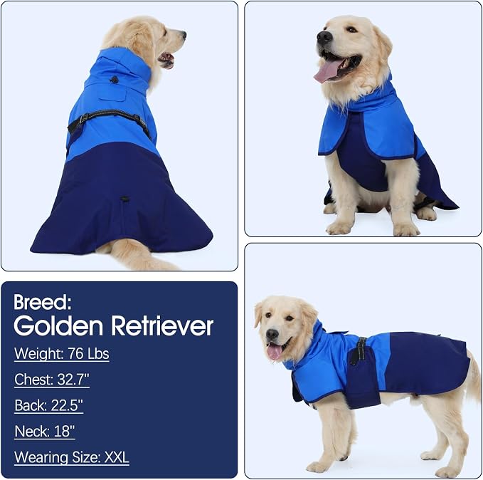 BRKURLEG Dog Raincoat, Waterproof Rain Jacket with Hood, Blue, M | Adjustable Windproof Rainproof Jacket with Leash Hole, Reflective Breathable Rain Coat Poncho, for Small to Large Dogs