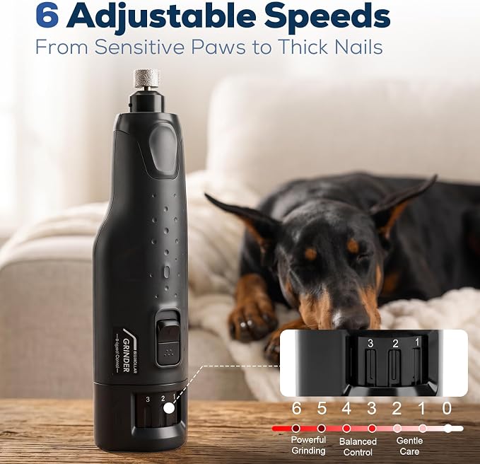 Dog Nail Grinder for Large Dogs, Quiet 6-Speed with LED Light | Low-vibration, powerful grinding, rechargeable design, and dust guard for cleaner, more comfortable at-home nail care