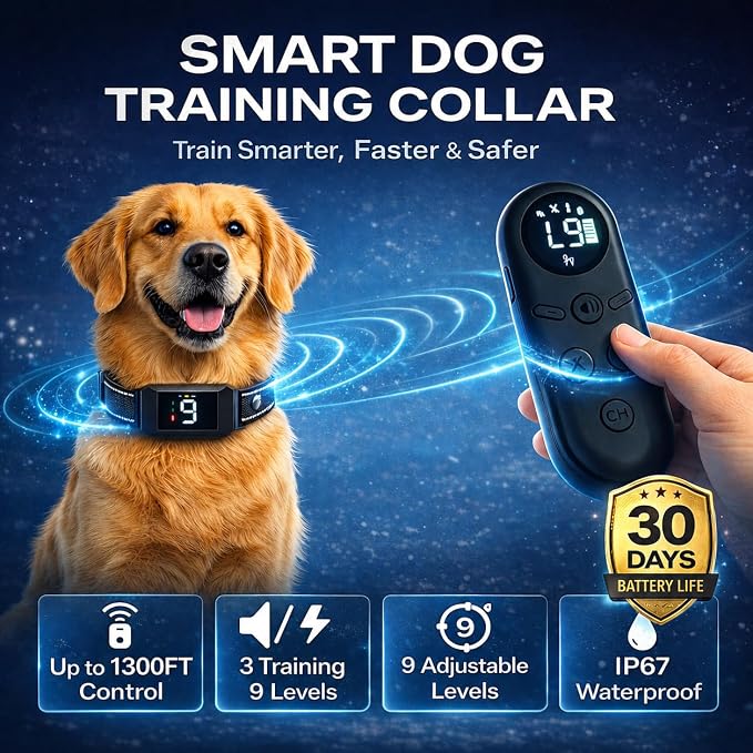 Dog Training Collar with Remote for Small & Medium Dogs (10–100lbs), 1300FT Range, 3 Training Modes (Beep/Vibration/Safe Shock), 9 Levels, Rechargeable Waterproof E-Collar