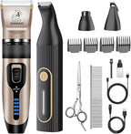 Dog Clippers Grooming Kit and Paw Trimmer for Heavy Thick Hair&Coats | 3-in-1 Clipper+Paw Trimmer+Nail Grinder, <60dB Quiet, Cordless,LED Display, 4 Guide Combs, Detachable Titanium-Ceramic Blade