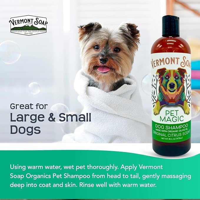 Vermont SOAP Organics Pet Shampoo - Infused with Organic & Natural Olive Oil, Coconut & Aloe Vera Dog Shampoo for Sensitive Skin - USDA Certified Grooming Pet Shampoo - Original Citrus (16oz) | Original Citrus scent, organic olive oil, coconut & aloe v...