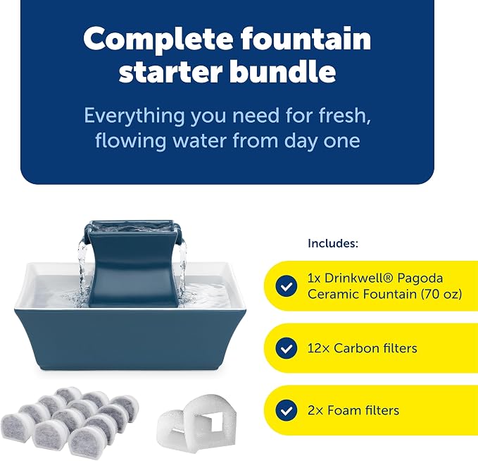 PetSafe Drinkwell Pagoda Ceramic Fountain, 70 oz, 2 Streams, Extra Filters | 2 Falling Water Streams Encourage Hydration, Cat & Small Dog Water Fountain, 4-Pack Carbon Filters and 2-Pack Foam Filters