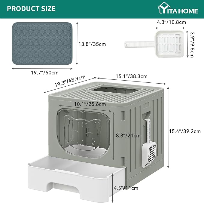 YITAHOME Large Enclosed Cat Litter Box w/Mat Scoop Grey Litter Box with Lid | Anti-Splash Kitty Litter Box with Lid & Pull-out Tray for Odor Control & Easy Cleaning, Front Entry Top Exit, Quick Assembly