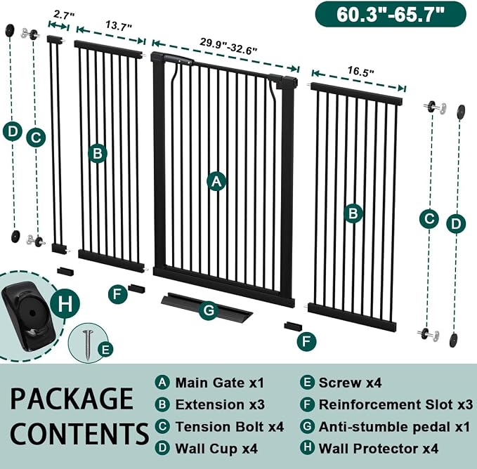 Fairy Baby 40.5" Extra Tall Baby Gate Pressure Mounted, 60.3"-65.7" Extra Wide Dog Gate Indoor for the House Doorway, Metal Safety Child Gate for Kids, Auto Close Swing Pet Gate for Stairs, Black